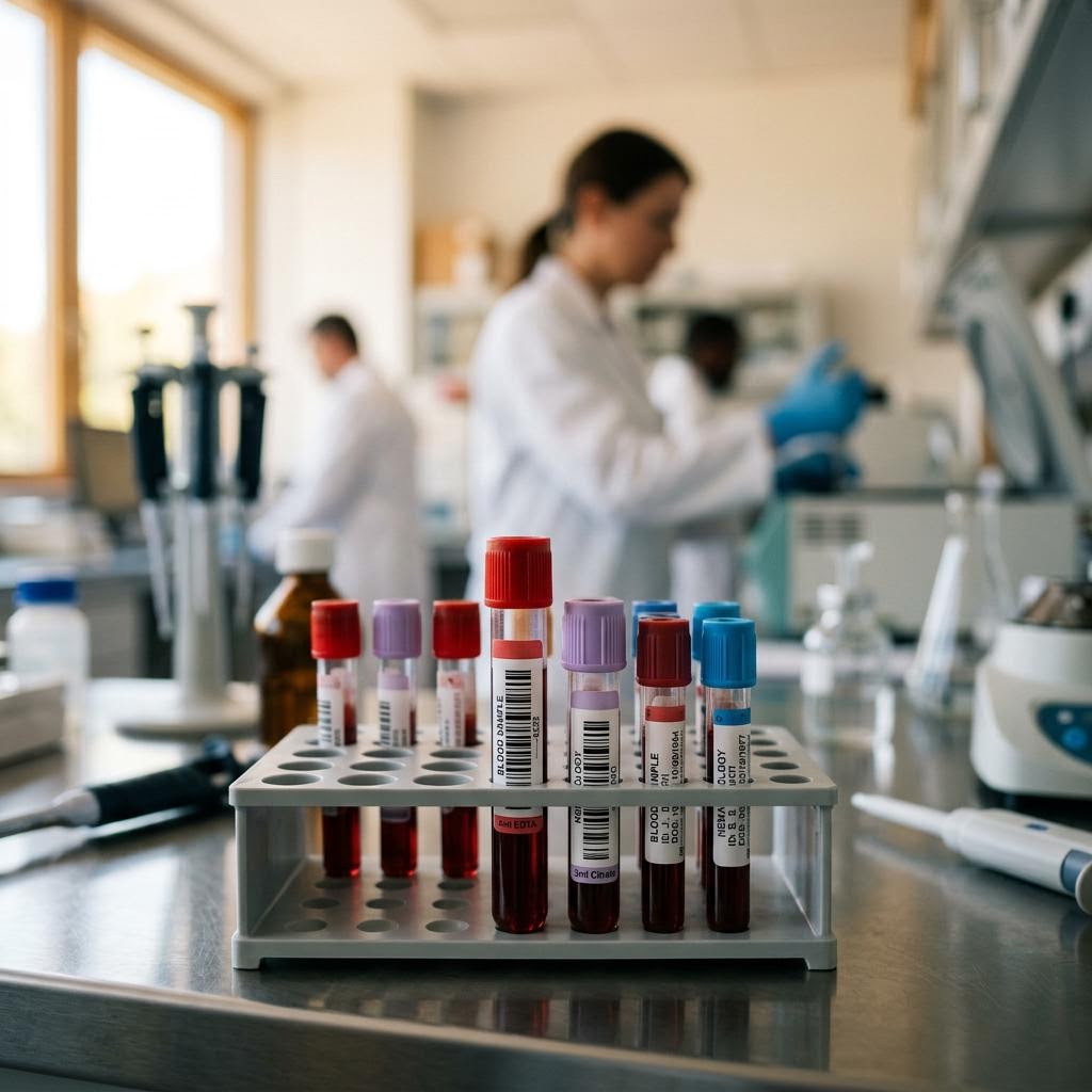 Blood sample vials arranged in a laboratory rack awaiting testing