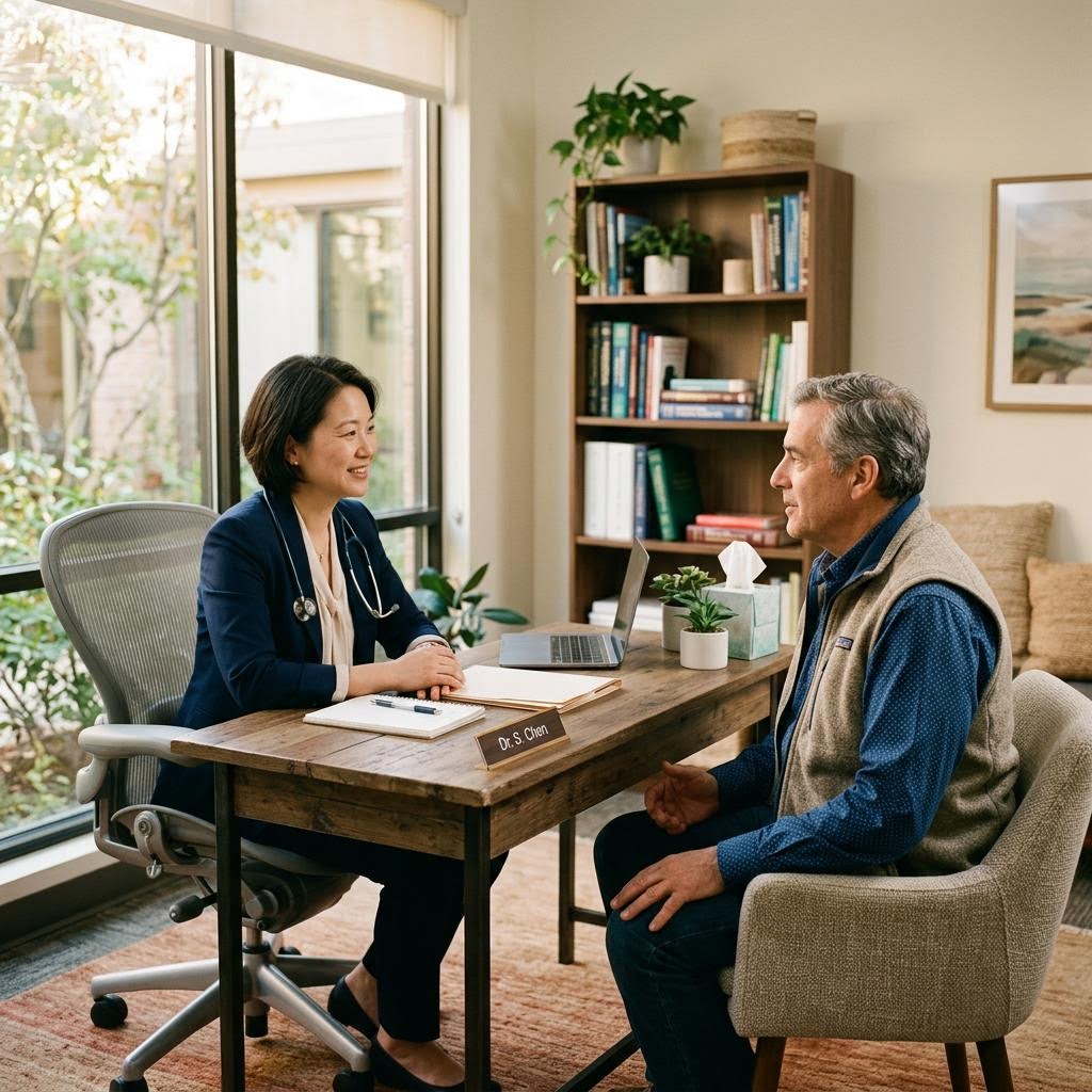 A clinician and a middle-aged man reviewing care options together during a consultation